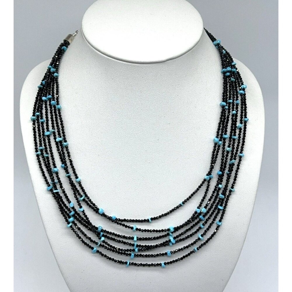 Jay King Necklace Black Spinel Turquoise & 7 Strand Layered Sterling Silver 18" - Picture 4 of 11